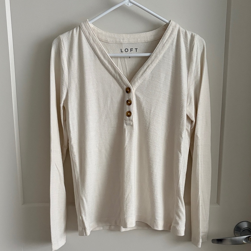 LOFT Ivory Long Sleeve Henley with Wooden Buttons